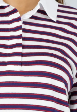 Donkerblauw Rode Gestreepte Polo Top met Kraag en Korte Mouwen