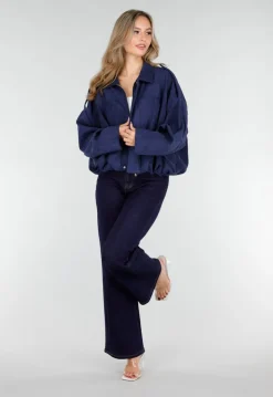 Donkerblauw Suèdelook Jasje met Rits- en Knoopsluiting