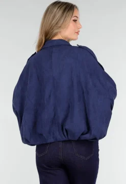 Donkerblauw Suèdelook Jasje met Rits- en Knoopsluiting