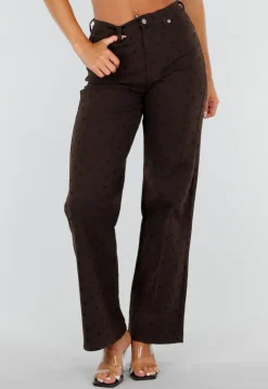 Donkerbruine Denim Straight Leg Jeans met Zwarte Stippen en Hoge Taille