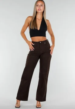 Donkerbruine Denim Straight Leg Jeans met Zwarte Stippen en Hoge Taille