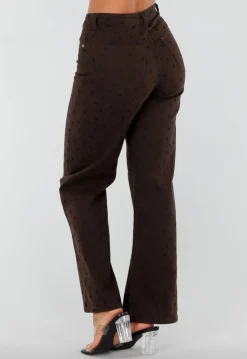 Donkerbruine Denim Straight Leg Jeans met Zwarte Stippen en Hoge Taille