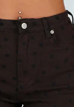 Donkerbruine Denim Straight Leg Jeans met Zwarte Stippen en Hoge Taille