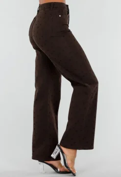 Donkerbruine Denim Straight Leg Jeans met Zwarte Stippen en Hoge Taille