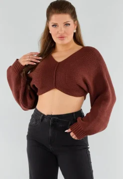 Donkerbruine Gebreide Cropped Trui met V-Hals en Ballonmouwen