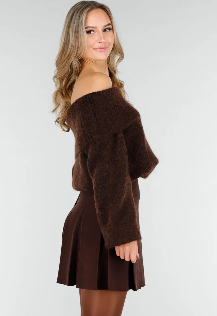 Donkerbruine Gebreide Off Shoulder Trui met Wol en Losse Pasvorm