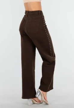 Donkerbruine High Waist Wide Leg Jeans met Zilveren Studs