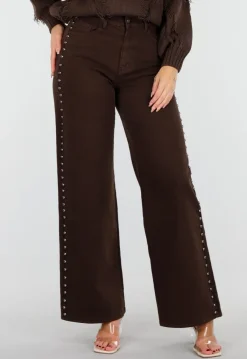 Donkerbruine High Waist Wide Leg Jeans met Zilveren Studs