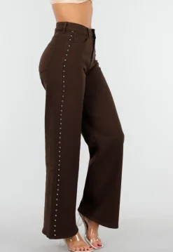 Donkerbruine High Waist Wide Leg Jeans met Zilveren Studs