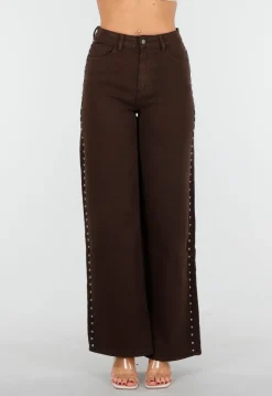 Donkerbruine High Waist Wide Leg Jeans met Zilveren Studs