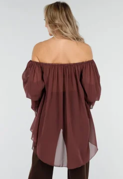 Donkerbruine Off Shoulder Blouse met Wijde Mouwen en Volant