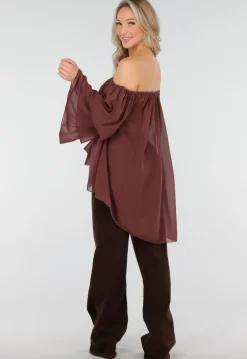 Donkerbruine Off Shoulder Blouse met Wijde Mouwen en Volant