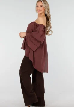 Donkerbruine Off Shoulder Blouse met Wijde Mouwen en Volant
