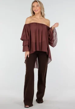 Donkerbruine Off Shoulder Blouse met Wijde Mouwen en Volant