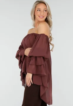 Donkerbruine Off Shoulder Blouse met Wijde Mouwen en Volant