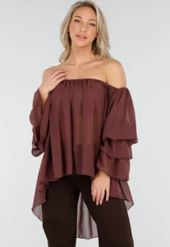 Donkerbruine Off Shoulder Blouse met Wijde Mouwen en Volant