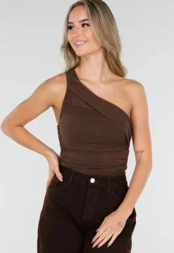 Donkerbruine One Shoulder Body met Drapering in Mesh Stretch