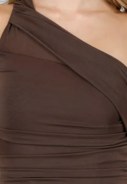 Donkerbruine One Shoulder Body met Drapering in Mesh Stretch