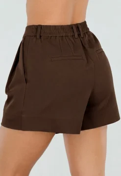 Donkerbruine Plooi Short met Elastische Tailleband