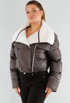 Donkerbruine Pufferjas met Witte Sherpa Kraag