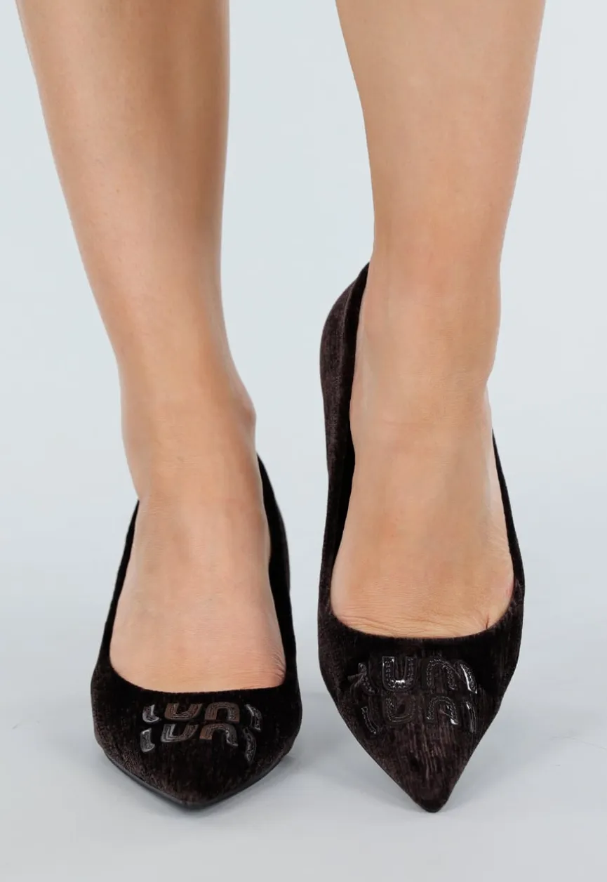 Donkerbruine Pumps met Fluwelen Structuur
