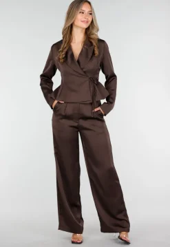 Donkerbruine Satijnlook Wrap Blazer met Striksluiting