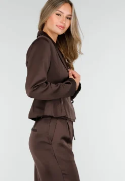 Donkerbruine Satijnlook Wrap Blazer met Striksluiting