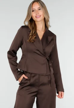 Donkerbruine Satijnlook Wrap Blazer met Striksluiting