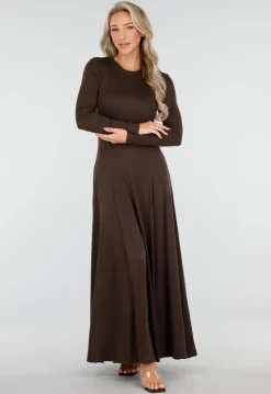 Donkerbruine Stretch Jurk met Lange Mouwen