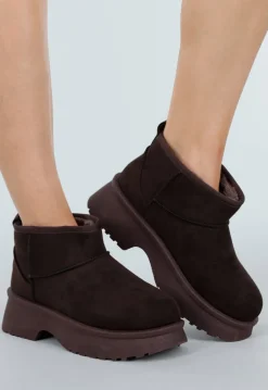 Donkerbruine Suède-look Snowboots met Platte Plateauzool