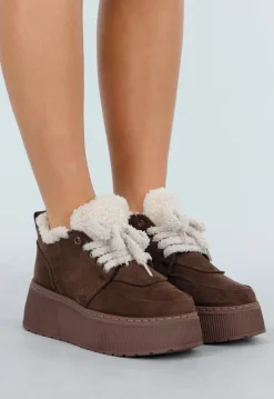 Donkerbruine Suède Sneakers met Plateauzool En Warme Voering