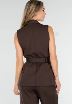 Donkerbruine Two Piece Set met Mouwloos Gilet en Rechte Broek met Witte Strepen