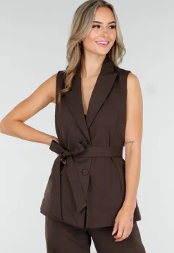 Donkerbruine Two Piece Set met Mouwloos Gilet en Rechte Broek met Witte Strepen