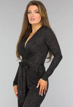 Donkerbruine Wide Leg Jumpsuit met Ruit Patroon