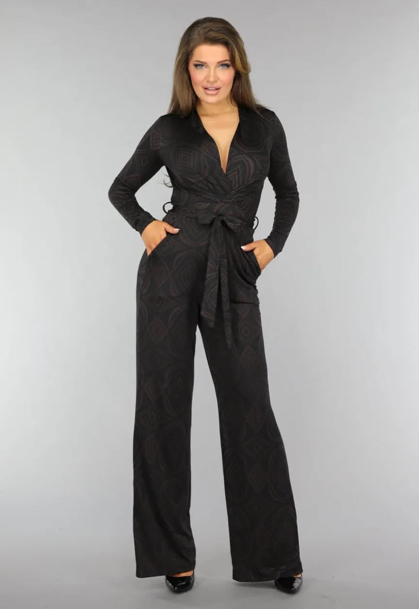 Donkerbruine Wide Leg Jumpsuit met Ruit Patroon