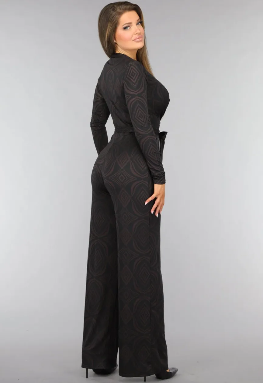 Donkerbruine Wide Leg Jumpsuit met Ruit Patroon