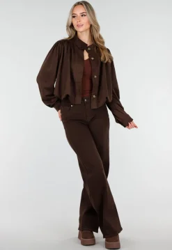Donkerbruin Suèdelook Jasje met Knoopsluiting en Pofmouwen