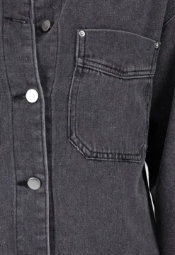 Donkergrijze Denim Blouse met Drukknoopsluiting en Lange Mouwen