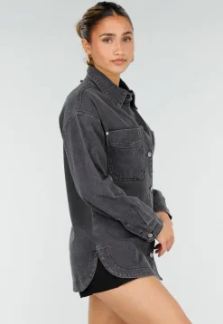 Donkergrijze Denim Blouse met Drukknoopsluiting en Lange Mouwen