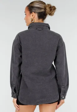 Donkergrijze Denim Blouse met Drukknoopsluiting en Lange Mouwen