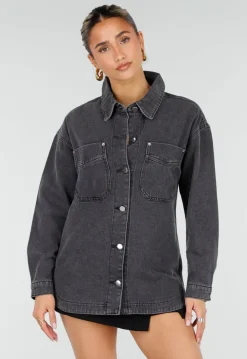 Donkergrijze Denim Blouse met Drukknoopsluiting en Lange Mouwen
