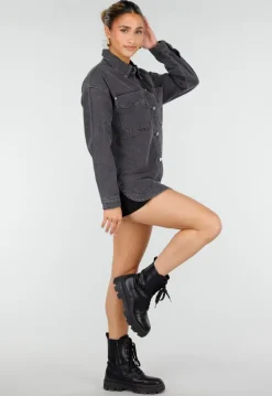 Donkergrijze Denim Blouse met Drukknoopsluiting en Lange Mouwen