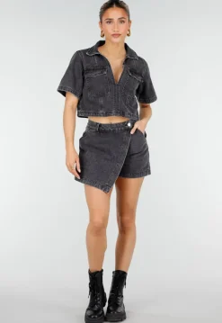 Donkergrijze Denim Set met Korte Mouw Crop Top en Skort