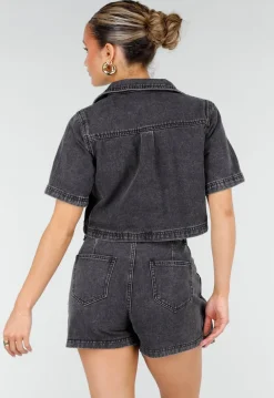 Donkergrijze Denim Set met Korte Mouw Crop Top en Skort