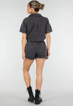 Donkergrijze Denim Set met Korte Mouw Crop Top en Skort