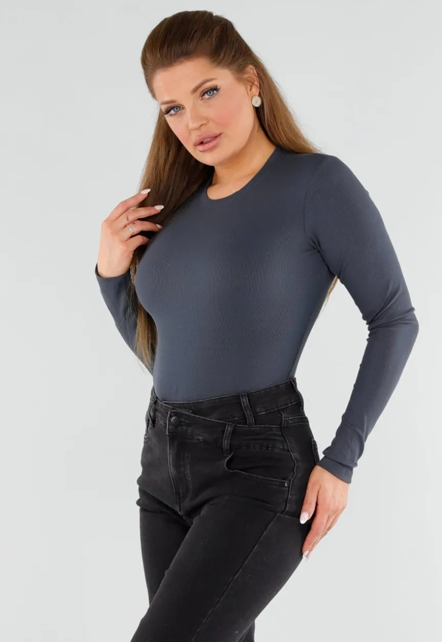 Donkergrijze Geribde String Body met Lange Mouwen en Ronde Hals
