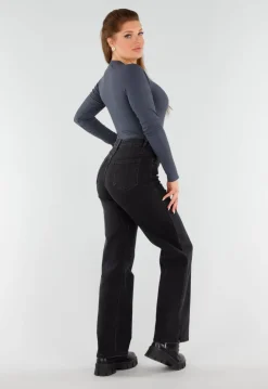 Donkergrijze Geribde String Body met Lange Mouwen en Ronde Hals