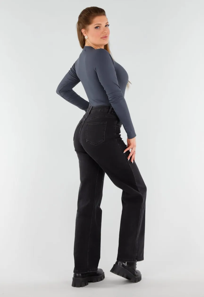 Donkergrijze Geribde String Body met Lange Mouwen en Ronde Hals