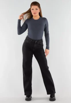 Donkergrijze Geribde String Body met Lange Mouwen en Ronde Hals