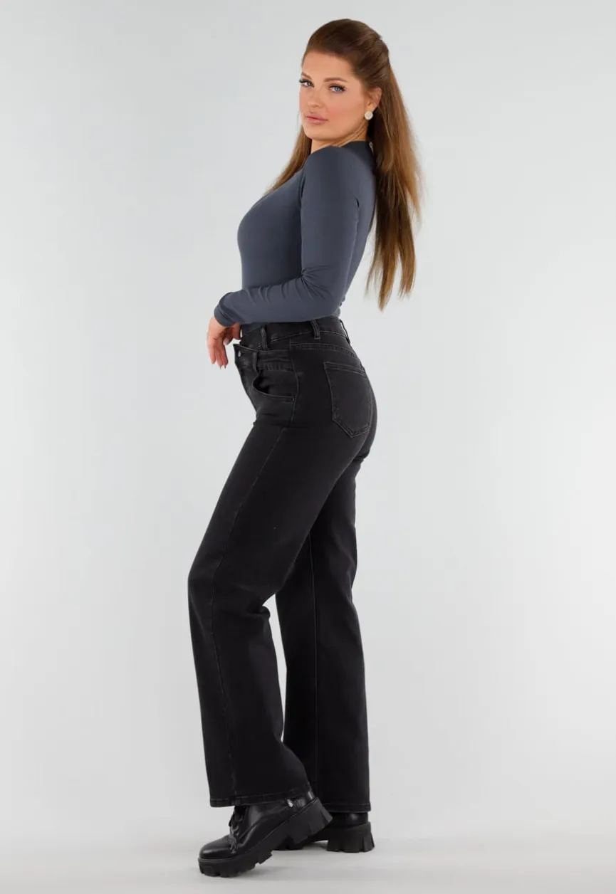 Donkergrijze Geribde String Body met Lange Mouwen en Ronde Hals